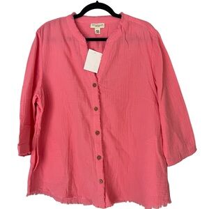 Appleseeds Womens Textured Gauze 100% Cotton Peach Roll Up Sleeves Button Up PXL